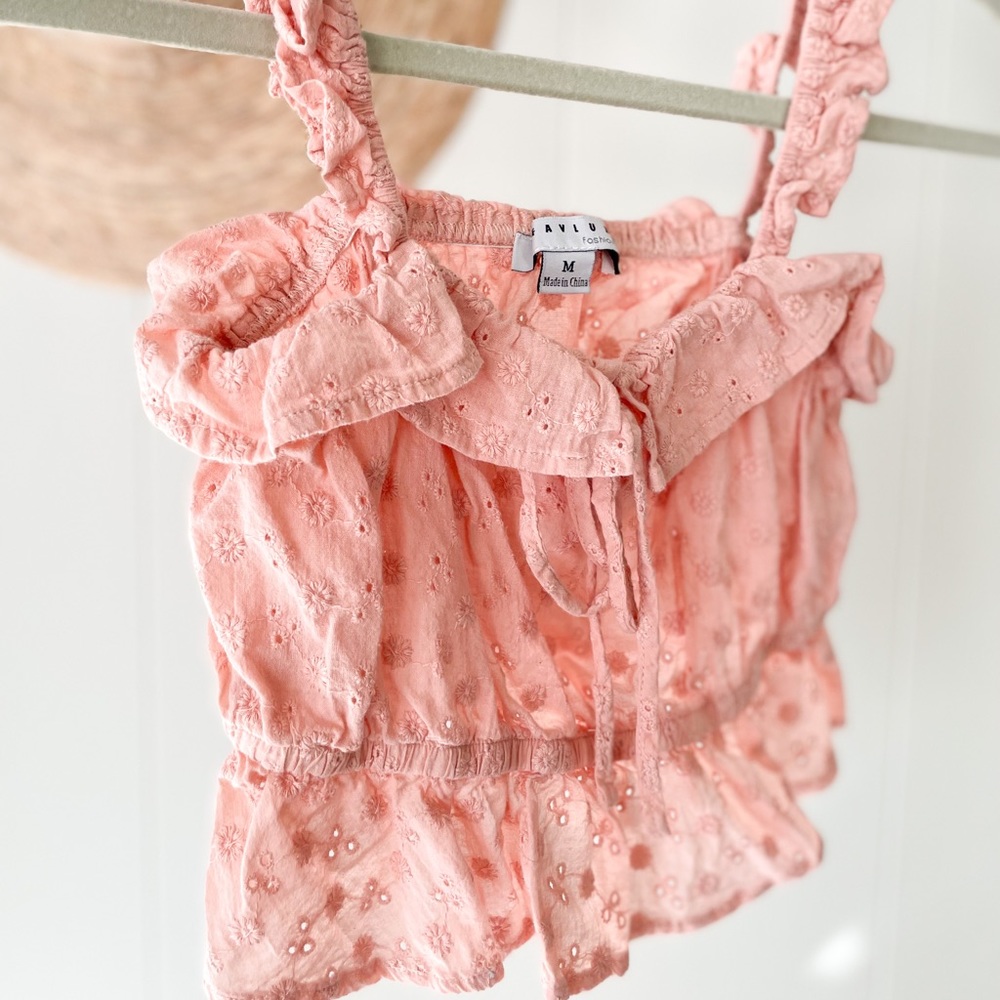FAVLUX Pink Eyelet Ruffle Crop Top - Picture 2 of 5